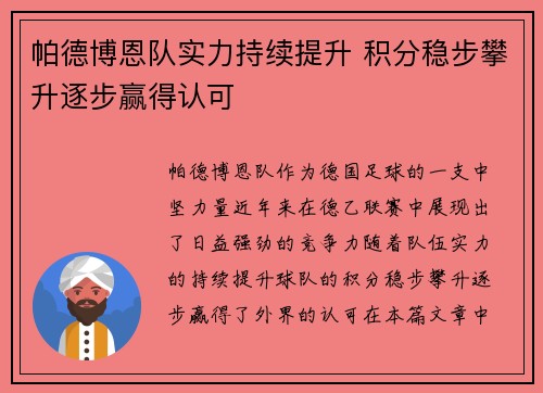 帕德博恩队实力持续提升 积分稳步攀升逐步赢得认可